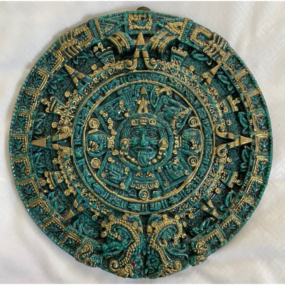 Vintage Aztec Sun Stone Calendar Wall Plaque Turquoise Gold Mayan Decor 7.5 Inch
